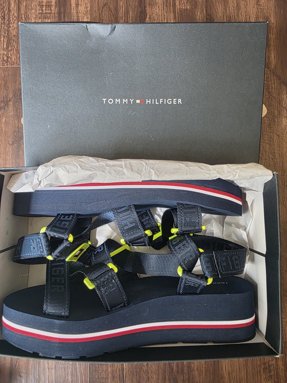 Tommy Hilfiger Navy Platform Sport Sandals with Neon Accents